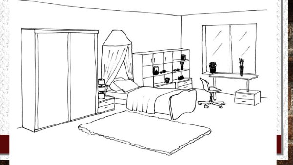 Рисунок детской спальни с мебелью карандашом