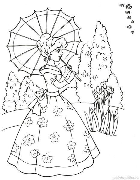 Раскраска принцесса в саду