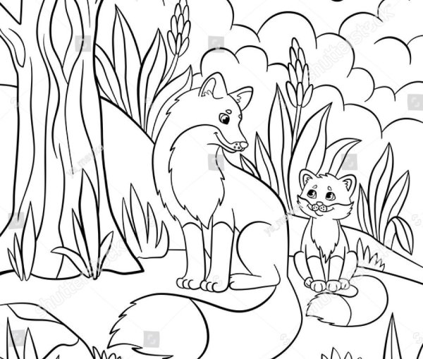 Раскраска лиса в лесу