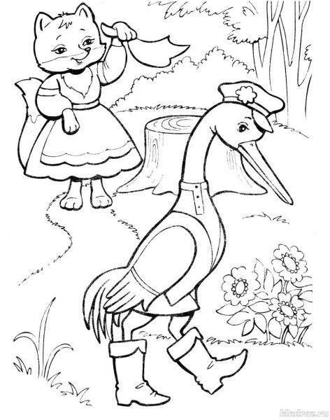 Раскраска из сказки лиса и журавль