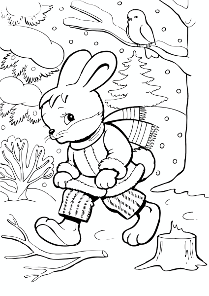 Зайчик зимний раскраска