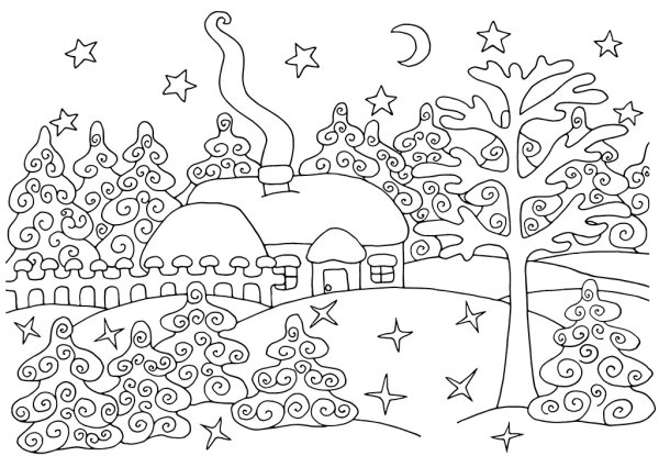 Снежный ночной лес раскраска