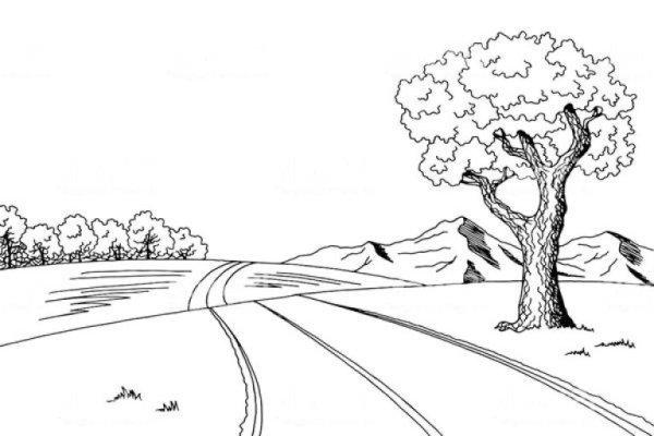 Раскраска пейзаж с дорогой