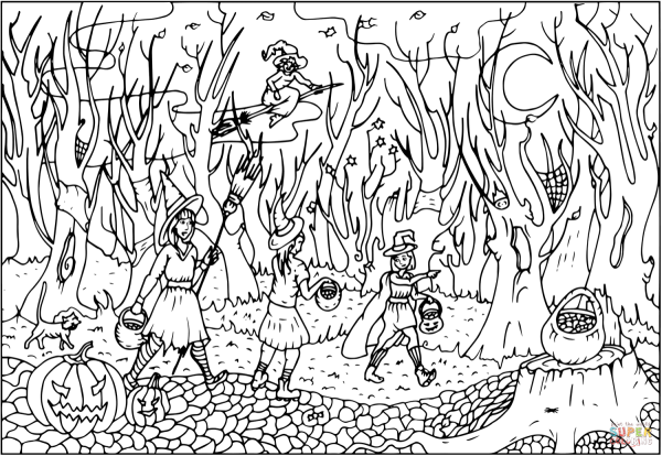 Раскраска ведьмы в лесу