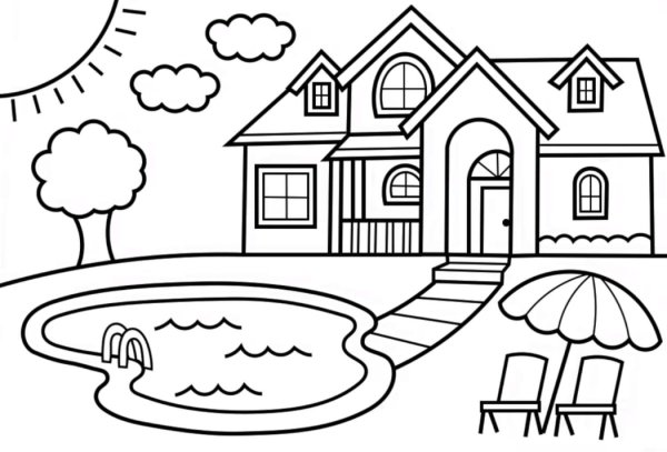 Раскраска домик с бассейном