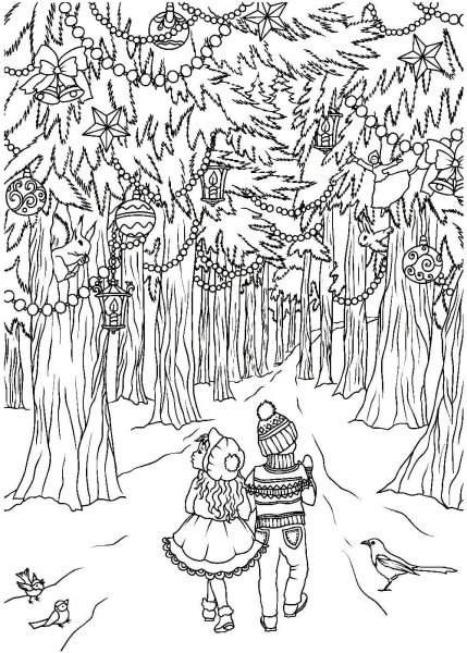 Раскраска зимнего леса для детей