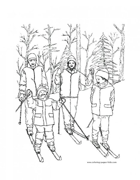 Раскраска семья на лыжах