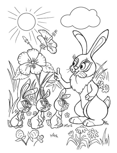 Раскраска зайчиха с зайчатами