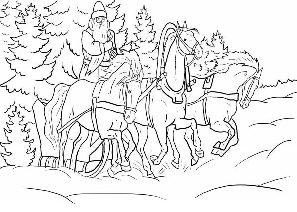 Раскраска Новогодняя тройка лошадей