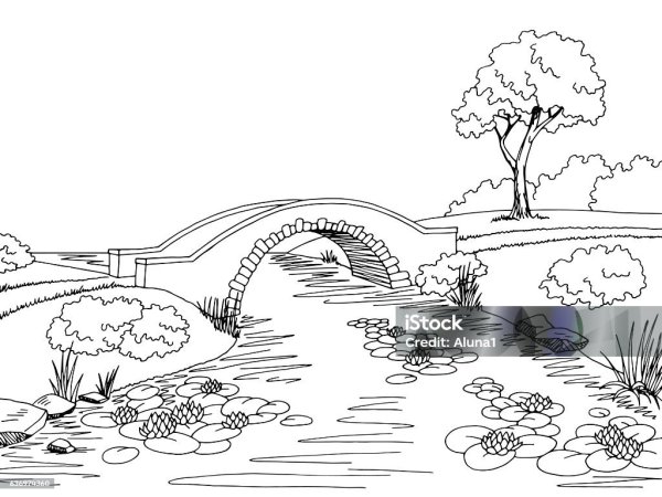 Речка с мостиком раскраска