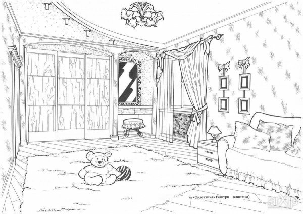Эскиз интерьера детской комнаты