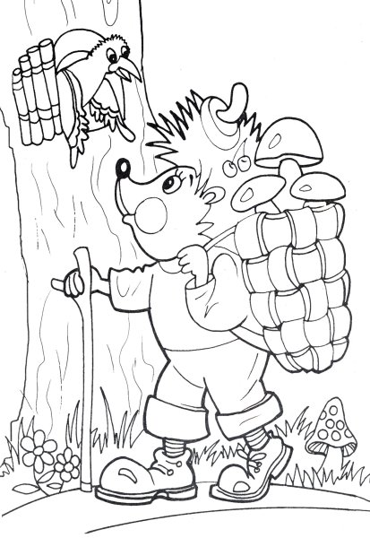 Разукрашка Ежик с корзиной грибами