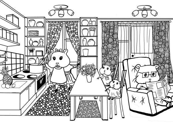 Раскраски для девочек домики с кухней