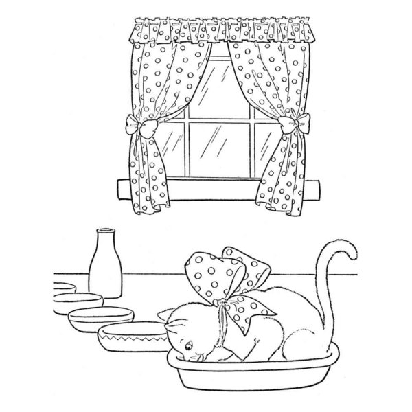 Раскраска домик с котятами