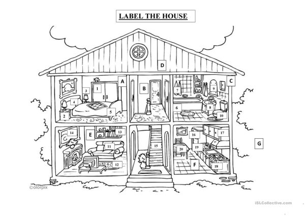 Раскраска дом с комнатами