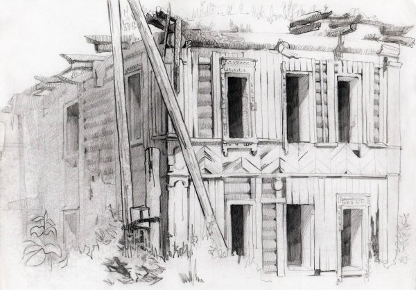 Разрушенный дом карандашом