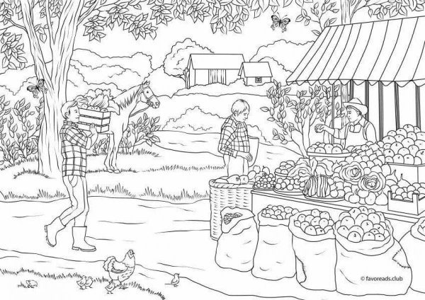 Раскраска домик с огородом