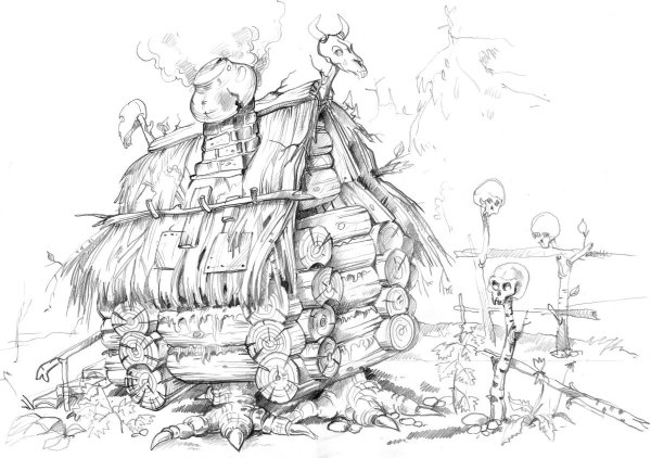 Избушка на курьих ножках рисунок карандашом