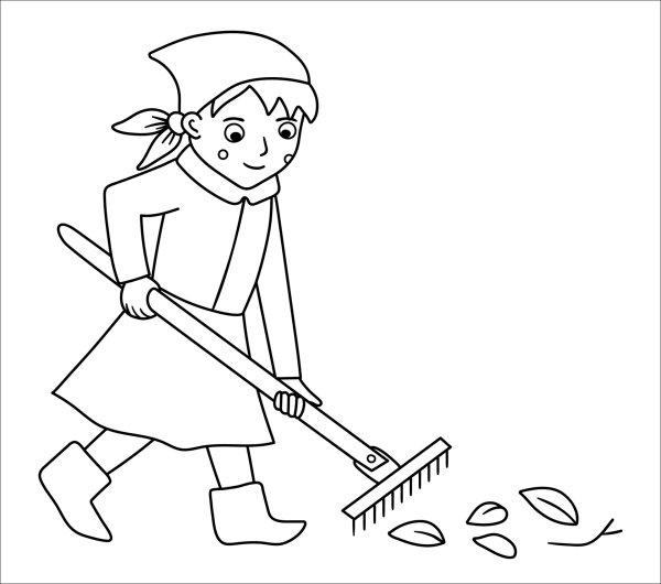 Раскраска дети сгребают листья