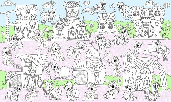 Раскраска пони с домами