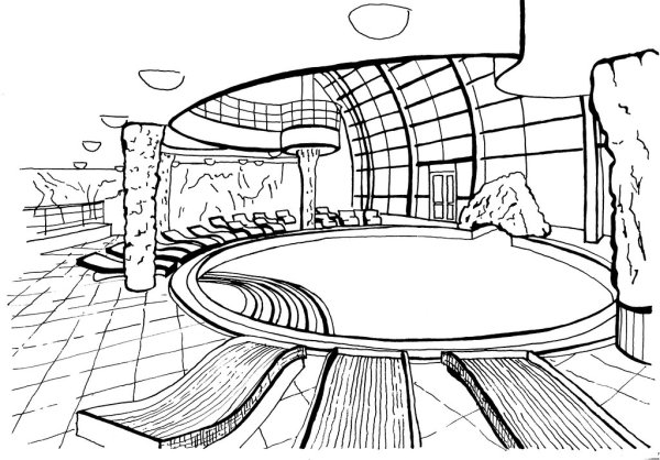 Раскраска дом с бассейном