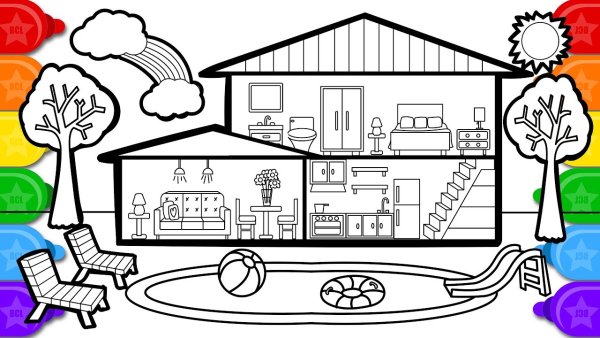 Раскраска домик с бассейном