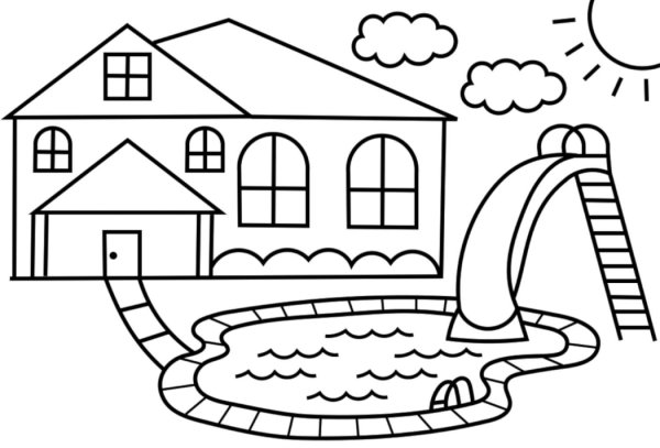 Раскраска дом с бассейном