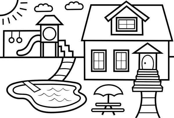 Раскраска дом с бассейном