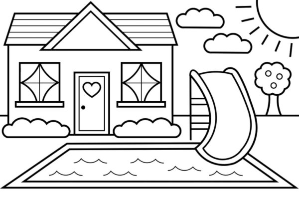 Раскраска домик с бассейном