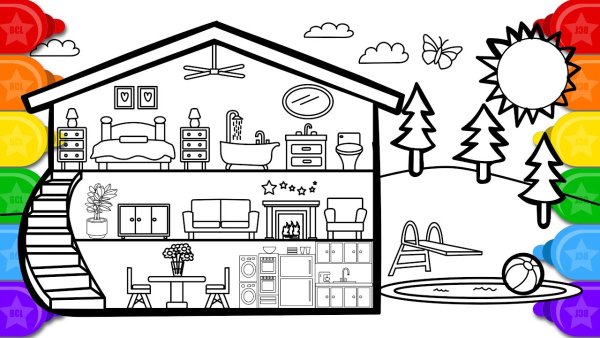 Раскраска дом с бассейном