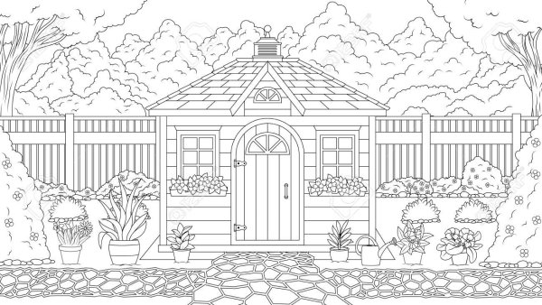 Раскраска домик с забором