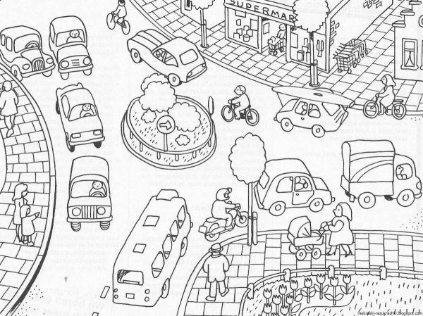 Раскраска город с машинами для детей