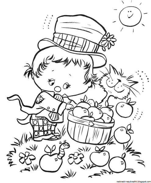Дети едят фрукты раскраска