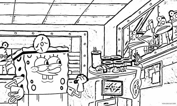 Губка Боб у домика раскраска