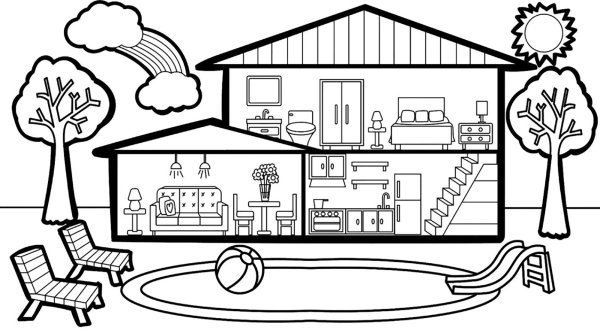 Раскраска дом с бассейном