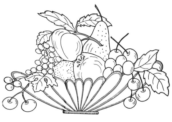 Раскраска корзина с фруктами и овощами