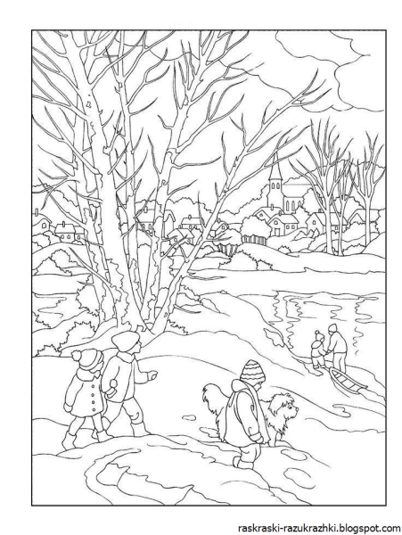 Зимний пейзаж раскраска