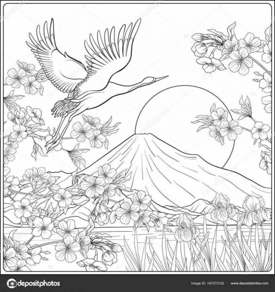 Японский пейзаж раскраска для детей