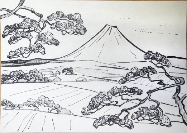 Гора Фудзияма черно белая