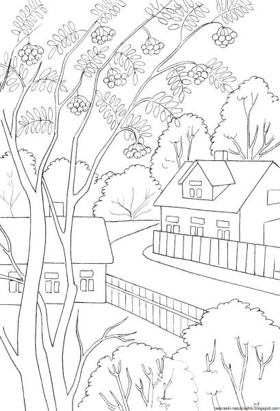 Осенний пейзаж раскраска для детей