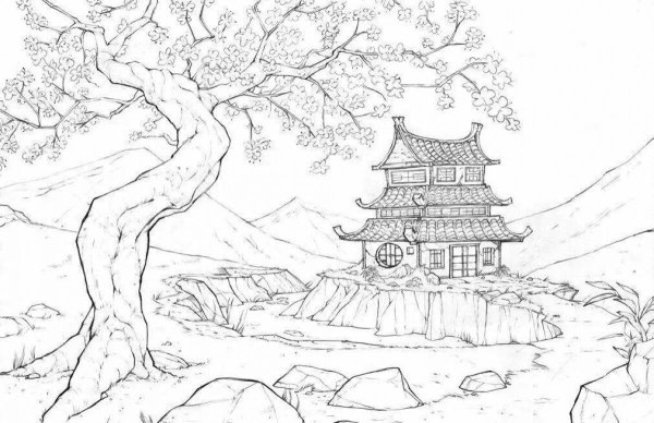 Японский пейзаж карандашом