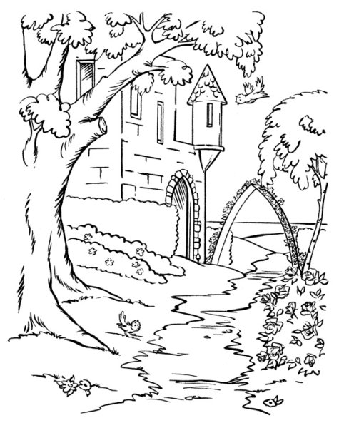 Сказочный пейзаж раскраска