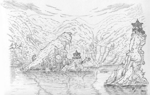 Фантастический пейзаж карандашом