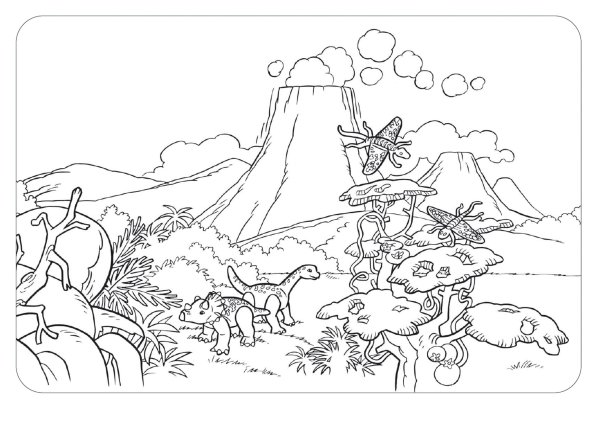 Раскраска вулкан и динозавры