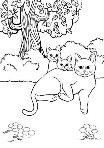 Раскраска кошка с котятами