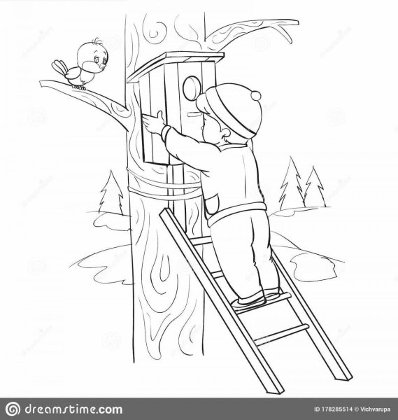 Раскраска мальчик со скворечником