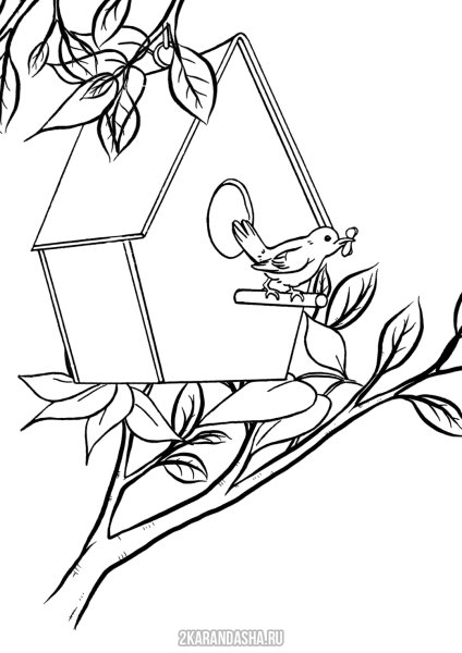 Раскраска Весна скворечник