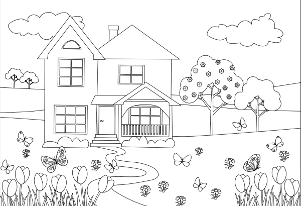 Раскраска дом с огородом
