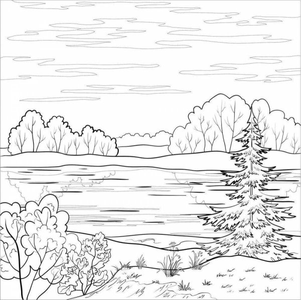 Лес и речка раскраска