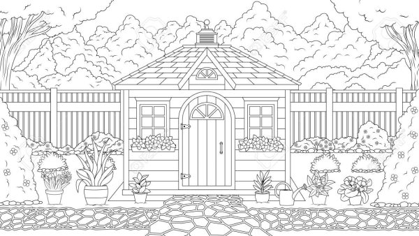 Раскраска домик с садом